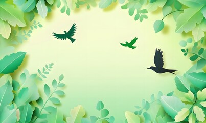 Obraz premium Green foliage frame, birds flying, nature background, spring design