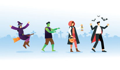 Halloween Character collection with cemetery background Vector Illustration