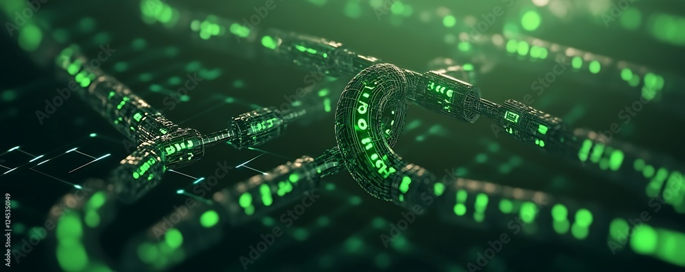 Poster abstract 3d rendering of a glowing green digital blockchain chain
