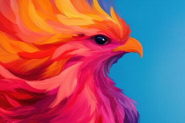 Fototapeta premium A vibrant phoenix portrait with fiery colors, showcasing its majestic features against a bright blue background.