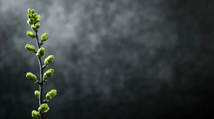 Green plant buds with backlight on dark background. Nature and growth concept