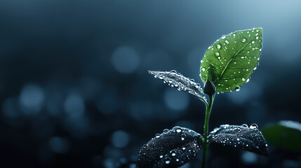 Green plant sprout with water drops on dark background. Nature and new beginning concept