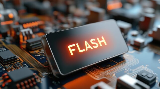 Futuristic metal plate with a holographic flash display representing digital technology electronic systems and modern industrial interfaces