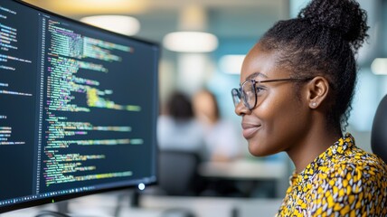Focused software developer woman analyzing code on a computer screen in a modern office environment, showcasing technology and innovation