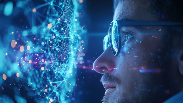 Scientist wearing smart glasses analyzes data holographic overlay AI robot scene features face scanning from glowing plexus sphere, embodying futuristic technology and innovation