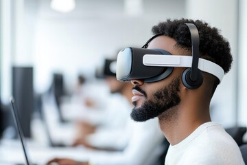 Office Worker Wearing Virtual Reality Headset Immersed in Digital Workspace Simulation for Enhanced Productivity Improvement