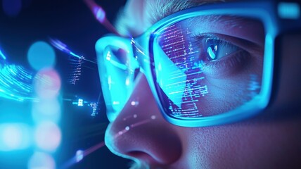 Glasses wearing eye reflecting digital data, embodying technological innovation and global connectivity through visual metaphor