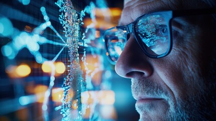 Glasses wearing eye reflecting digital data, embodying technological innovation and global connectivity through visual metaphor