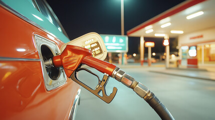 Naklejka premium red car is being refueled at gas station at night, with close up of fuel pump nozzle