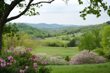 Obraz premium Serene Spring Valley with Blooming Flowers and Lush Greenery