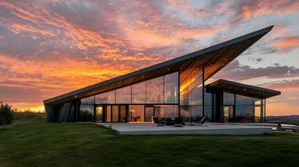 Obraz premium Striking Contemporary Villa Design Featuring Angular Shapes and Stunning Sunset Background