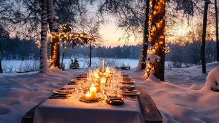 Cozy winter evening: candlelit outdoor dinner by the snowy forest at sunset