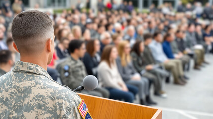 veteran speaker in uniform addresses large audience at outdoor event
