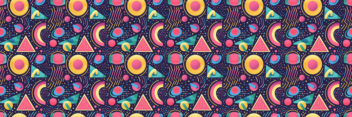 Seamless pattern with geometric shapes in the style. Multicolored vintage background with triangles, circles and squares for textile, fabric and Sudanese fabric art.
