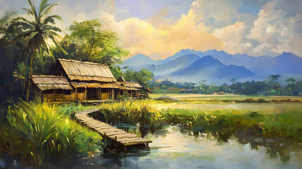 Fototapeta premium Tranquil Asian Village Landscape: Wooden Houses, Rice Paddy, and Mountains