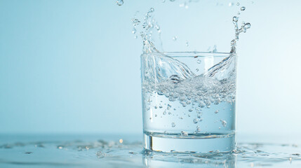 dynamic capture of crystal clear water splashing in glass against blue background