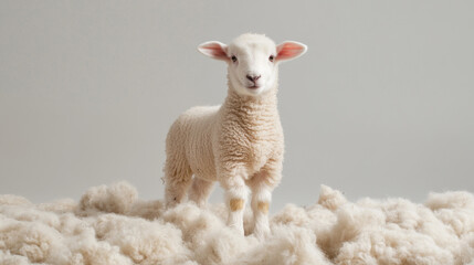 Fototapeta premium fluffy lamb stands on soft wool, ears perked in relaxed pose