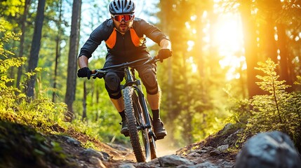 Dynamic Mountain Biker Riding Through Sunny Forest Trail with Protective Gear and Helmet