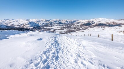 Obraz premium Snowy mountain path descends to valley, clear sky. Winter hike