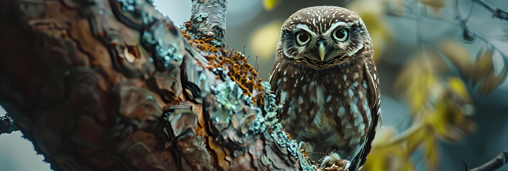 Obraz premium Focused Gaze - Intimate Portrait of a Resilient Pygmy Owl Amidst the Verdant Wilderness