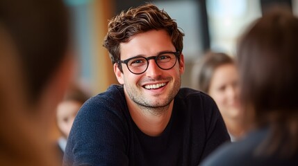 Obraz premium Cheerful Male Teacher Observing Students with a Bright Smile in a Classroom Setting