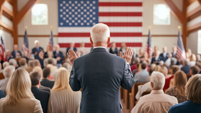 senior man in suit addresses large audience in hall with American flags