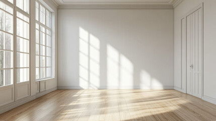 Sunlit Empty Room with Hardwood Floor and Large Windows, Minimalist Interior Design with Sunlight Streaming Through Windows onto Hardwood Floors