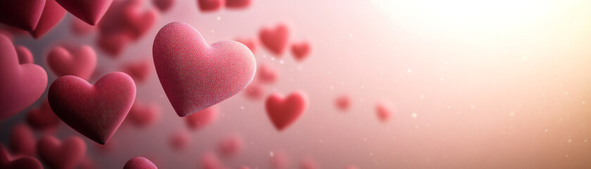 Obraz premium Vibrant red hearts floating in a soft, dreamy background, symbolizing love and affection.