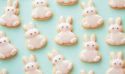Obraz premium Funny Easter bunny-shaped cookies or biscuits, cute festive sweet snacks for kids, pattern-like knolling arranged, AI generated photo