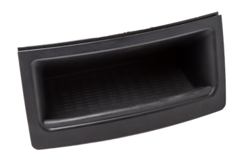 Plastic element of car interior - a glove compartment - used spare part on a white background.  Junkyard warehouse.