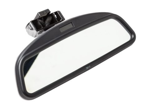 Close-up on a rear view mirror from a sedan for repair and replacement after an accident in a workshop. Auto service industry. Spare parts catalog.