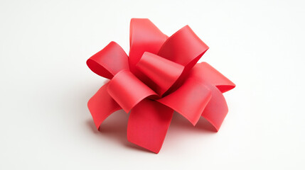 Glossy red gift bow with perfectly tied ribbon ends on white background