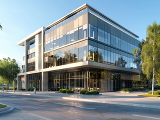 Office building exterior, in the city center, downtown.