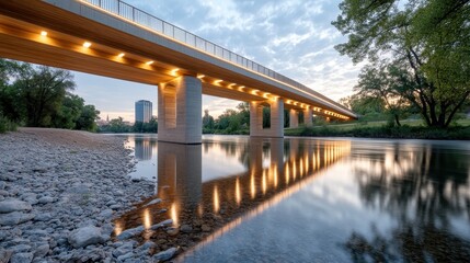 Naklejka premium Architectural Bridge at Dawn with Reflection on Calm Water