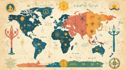 Naklejka premium Vintage World Map with Symbols and Artistic Design Elements
