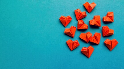 Red Folded Paper Hearts on Teal Background