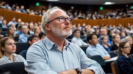 Fototapeta premium Attentive man in lecture hall, students listening