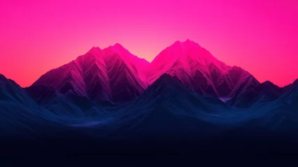 Selbstklebende Fototapeten A vibrant, stylized mountain landscape with a pinkish-purple sky at sunset, creating a surreal and tranquil atmosphere. © thanawat