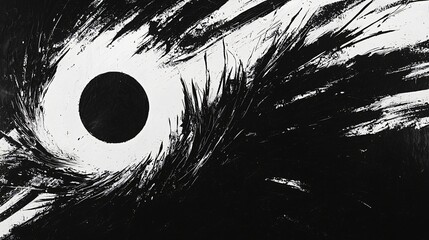 Obraz premium Abstract Black Circle Surrounded by Radial Burst in High Contrast Monochromatic Composition