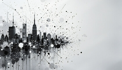 black and white cityscape ink splashes art painting