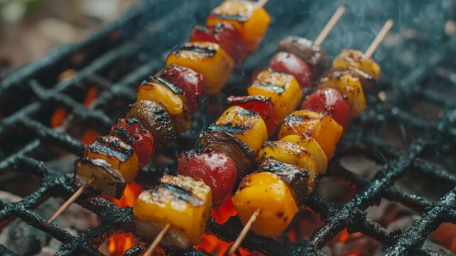 shish kebab vegetables and beek on skewers on summer bbq grill