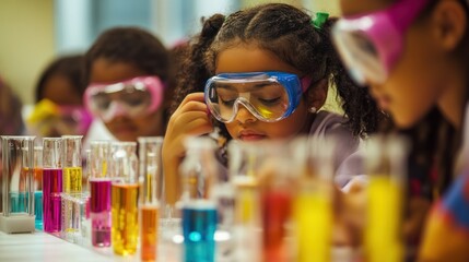 Girls conduct science experiment in classroom