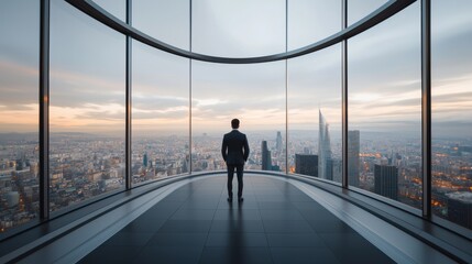 A silhouette of a businessman standing alone in a modern high-rise building, gazing out at the city skyline during sunset, embodying ambition and solitude.