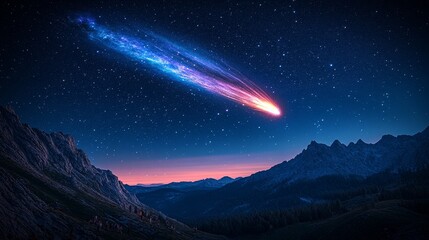 Majestic night sky with bright meteor over mountain landscape