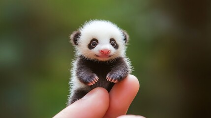 Naklejka premium Adorable Baby Panda Cub in Hand, Wildlife Photography