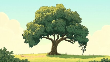 Fototapeta premium Lush green oak tree on hill, sunny day, nature background, ideal for illustration