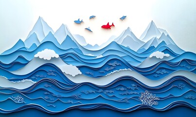 Paper-cut ocean scene red fish leads, mountains background, aquatic life, eco-design