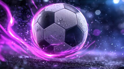 Glowing soccer ball in mid air moments after a powerful strike captured in a dynamic and surreal scene filled with energy light and motion  This image evokes a sense of speed power