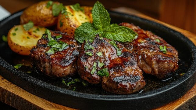 Grilled meat, potatoes, mint, restaurant, delicious meal