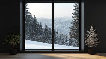 A cabin in the woods, a furnace and a window, Modern residential window view of snowy background